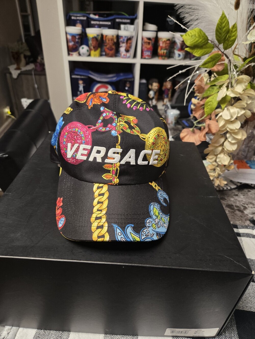 Versace Mens  Black Cap with Multicolor Chain and Medallion Print